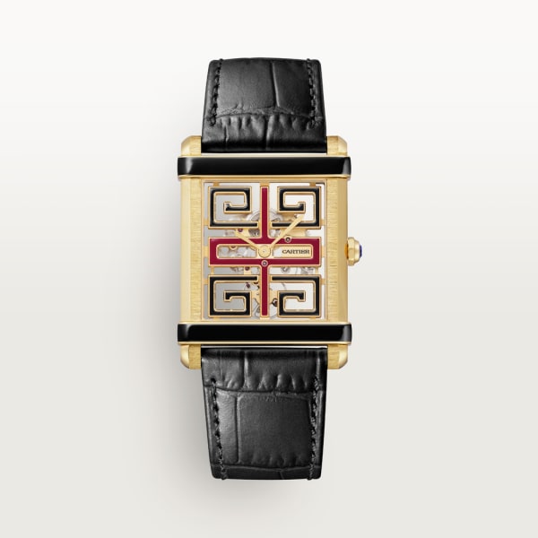 Tank Chinoise 腕錶 大型款，手動上鏈鏤空機械機芯，黃金，皮革