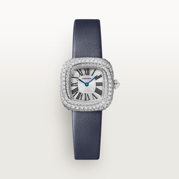Coussin de Cartier 腕錶 小型款，石英機芯，鍍銠飾面白色黃金，鑽石，皮革