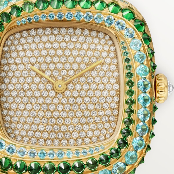 Coussin de Cartier 腕錶 中型款，石英機芯，黃金，鑽石，碧璽，沙弗萊石，皮革