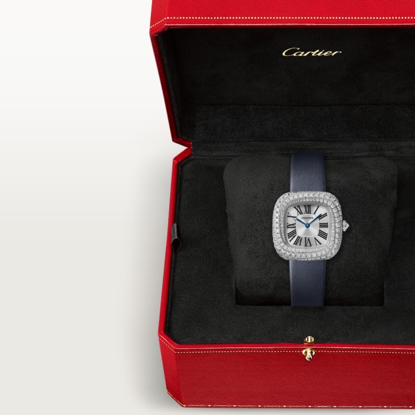 Coussin de Cartier 腕錶 中型款，石英機芯，鍍銠飾面白色黃金，鑽石，皮革