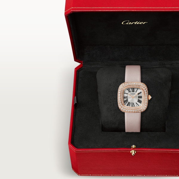 Coussin de Cartier 腕錶 中型款，石英機芯，玫瑰金，鑽石，皮革