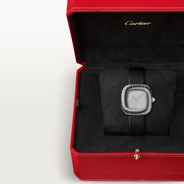 Coussin de Cartier watch Medium model, quartz movement, rhodium-finish white gold, diamonds, spinels, leather