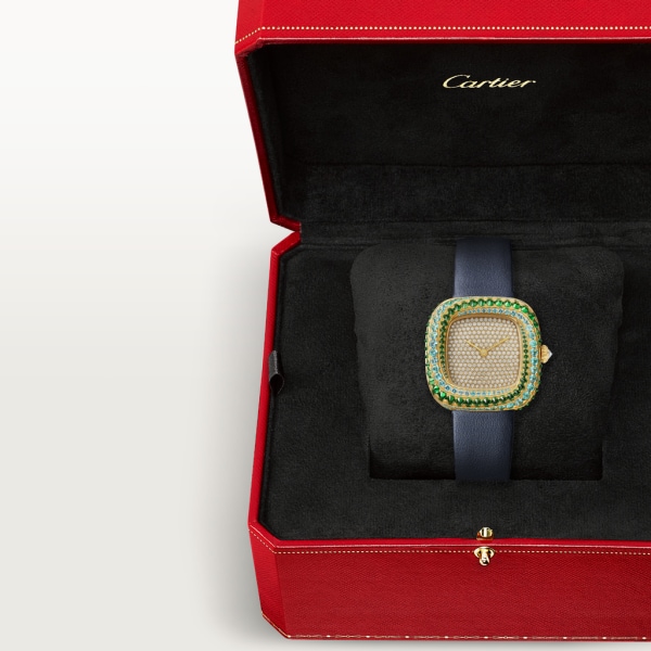Coussin de Cartier watch Medium model, quartz movement, yellow gold, diamonds, tourmalines, tsavorites, leather