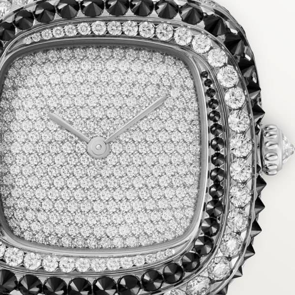 Coussin de Cartier 腕錶 中型款，石英機芯，鍍銠飾面白色黃金，鑽石，尖晶石，皮革