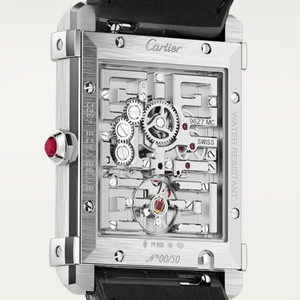 Tank Chinoise watch Large model, hand-wound mechanical skeleton movement, platinum, leather