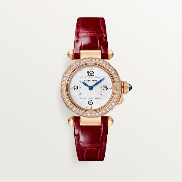 Pasha de Cartier 腕錶 30毫米，高效能石英機芯，玫瑰金，鑽石，可更換式皮革錶帶