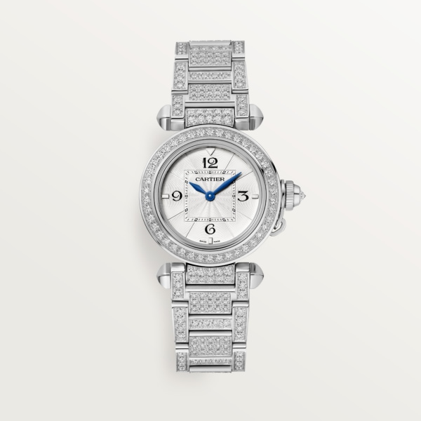 Pasha de Cartier 腕錶 30毫米，高效能石英機芯，白色黃金，鑽石