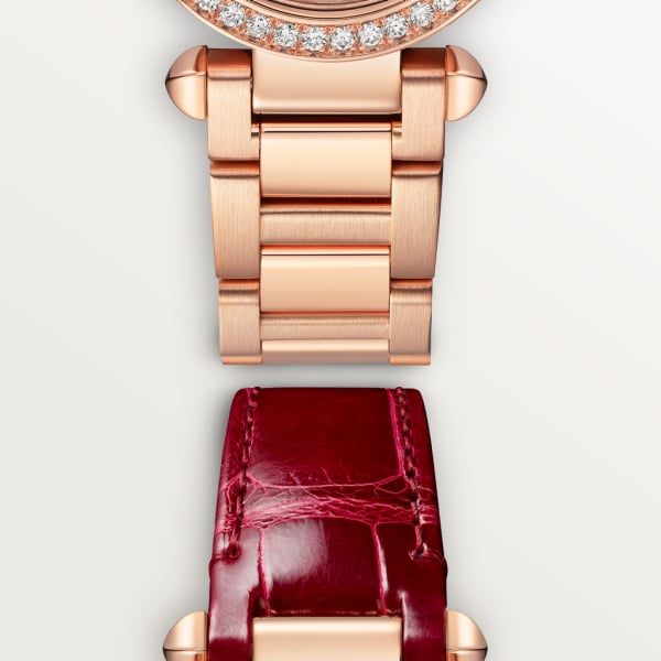 Pasha de Cartier 腕錶 30毫米，高效能石英機芯，玫瑰金，鑽石，可更換式金屬錶鏈及皮革錶帶
