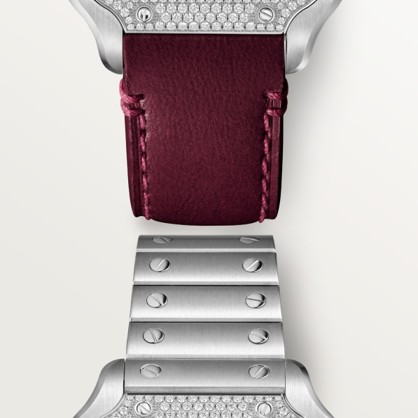 Santos de Cartier 腕錶 中型款，自動上鏈機械機芯，精鋼，鑽石，可更換式金屬錶鏈及皮革錶帶