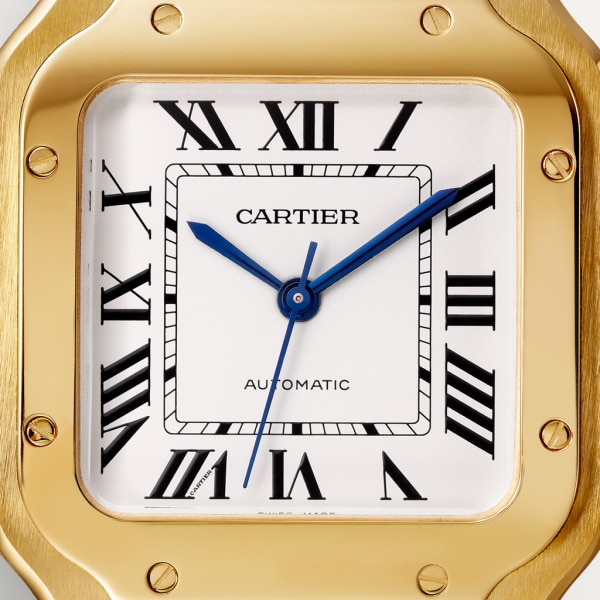Santos de Cartier 腕錶 中型款，自動上鏈機械機芯，18K黃金，可更換式金屬錶鏈及皮革錶帶