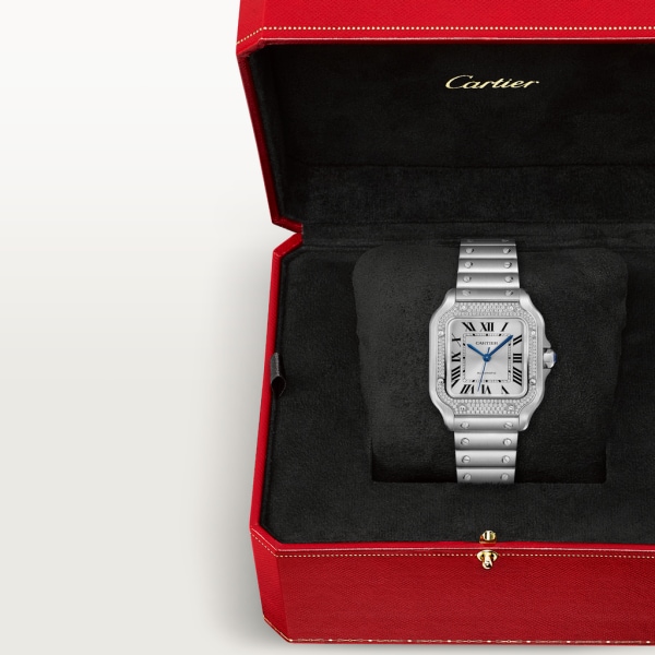 Santos de Cartier 腕錶 中型款，自動上鏈機械機芯，精鋼，鑽石，可更換式金屬錶鏈及皮革錶帶