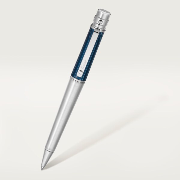 Santos de Cartier 原子筆 大型款，經鐫刻的金屬，藍色亮漆，鍍鈀飾面