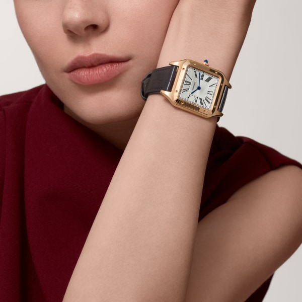 Santos-Dumont 腕錶 大型款，石英機芯，18K玫瑰金，皮革