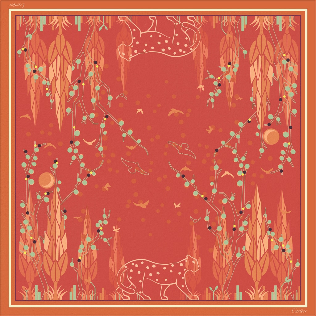 Panther Garden 圖案方巾，90厘米橙色斜紋真絲