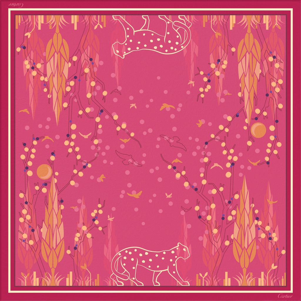 Panther Garden 圖案方巾，90厘米桃紅色斜紋真絲