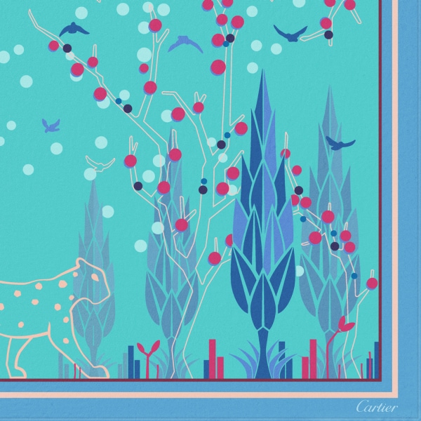 Panther Garden 圖案方巾，90厘米 藍綠色斜紋真絲