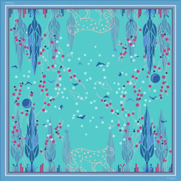 Panther Garden 圖案方巾，90厘米 藍綠色斜紋真絲