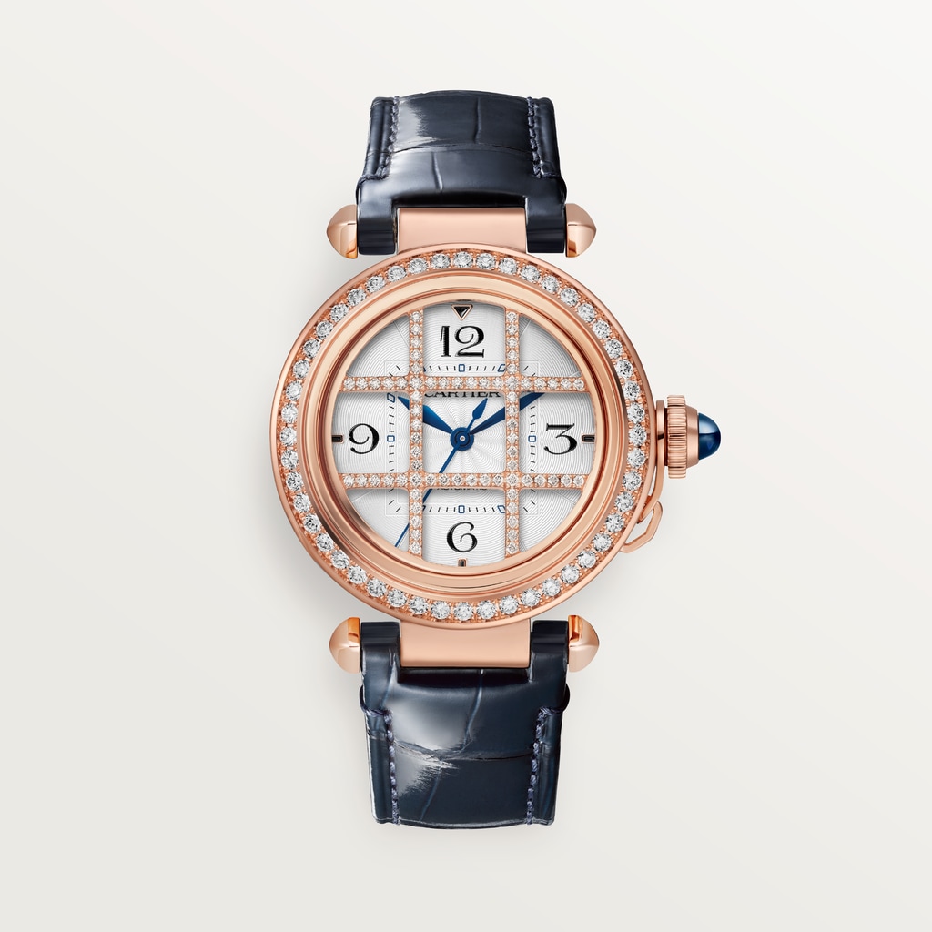 Pasha de Cartier 腕錶35毫米，自動上鏈機械機芯，玫瑰金，鑽石，可更換式皮革錶帶。