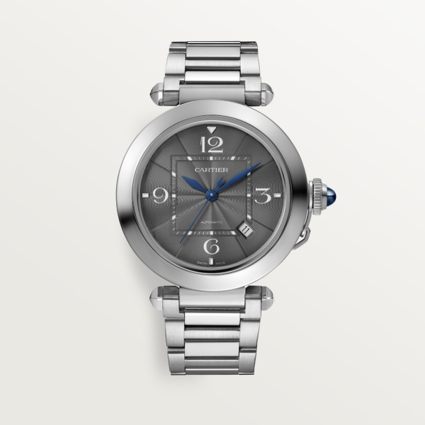 Pasha de Cartier 腕錶 41毫米，自動上鏈機械機芯，精鋼，深灰色錶盤，可更換式金屬錶鏈及皮革錶帶