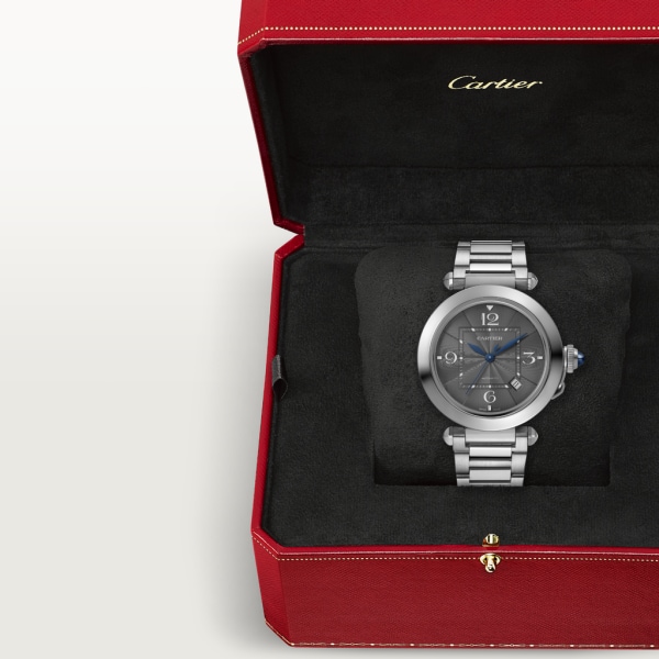 Pasha de Cartier 腕錶 41毫米，自動上鏈機械機芯，精鋼，深灰色錶盤，可更換式金屬錶鏈及皮革錶帶