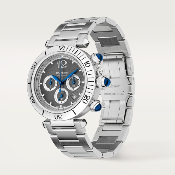Pasha de Cartier 腕錶 41毫米，計時功能，自動上鏈機械機芯，精鋼，深灰色錶盤，可更換式金屬錶鏈及皮革錶帶