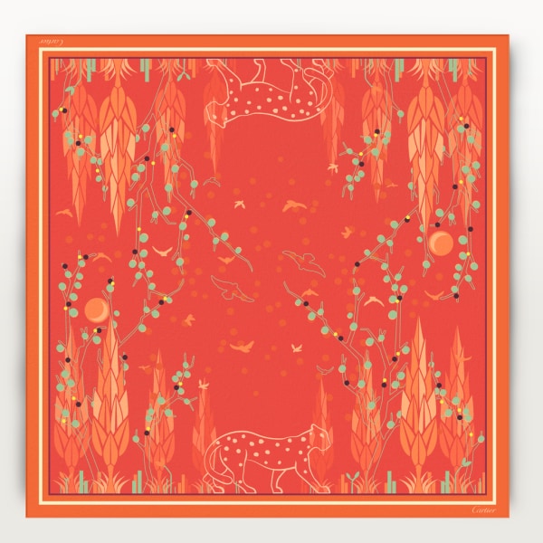 Panther Garden 圖案方巾，90厘米 橙色斜紋真絲