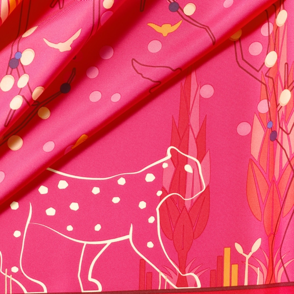 Panther Garden 圖案方巾，90厘米 桃紅色斜紋真絲