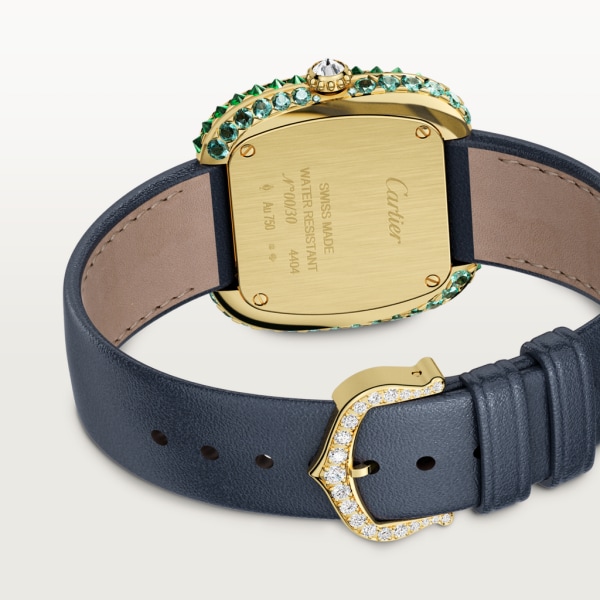 Coussin de Cartier 腕錶 中型款，石英機芯，黃金，鑽石，碧璽，沙弗萊石，皮革