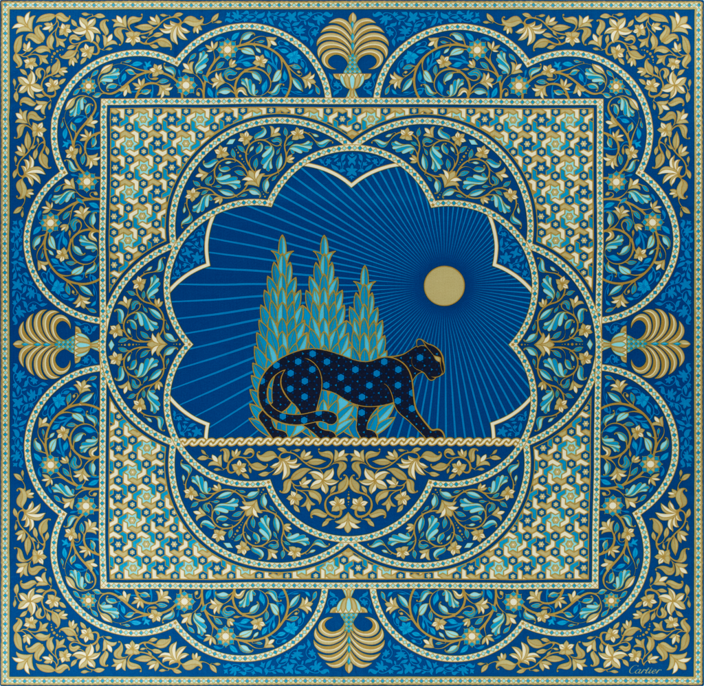 Panthère Arabesques 披肩，140厘米藍色真絲及羊絨
