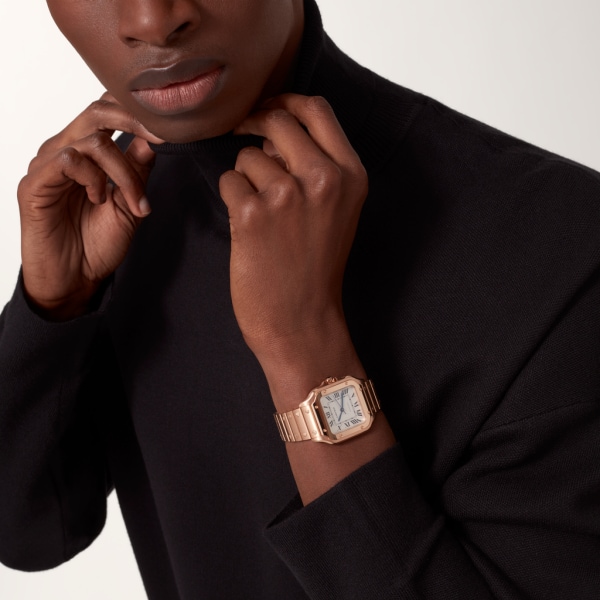Santos de Cartier 腕錶 中型款，自動上鏈機械機芯，18K玫瑰金，可更換式金屬錶鏈及皮革錶帶