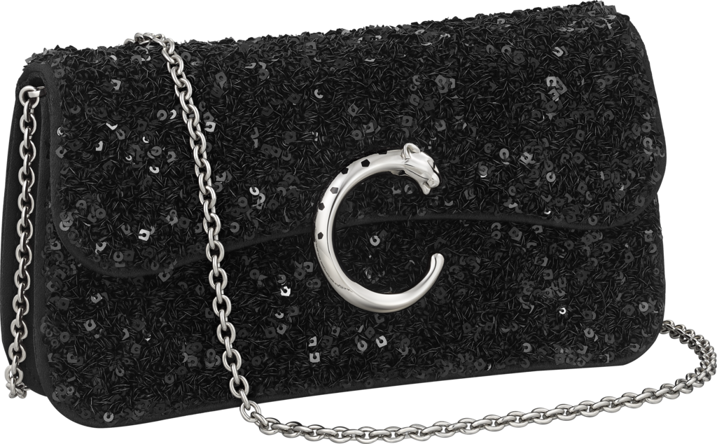 鏈帶手袋，迷你款，Panthère de Cartier黑色金屬薄片嵌飾，再生 ECONYL® 尼龍袋底，鈀金及黑色琺瑯飾面