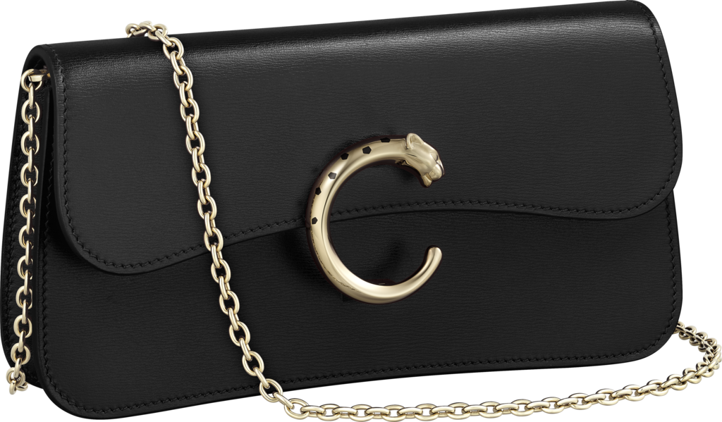 鏈帶手袋，迷你款，Panthère de Cartier黑色小牛皮，金色及黑色琺瑯飾面