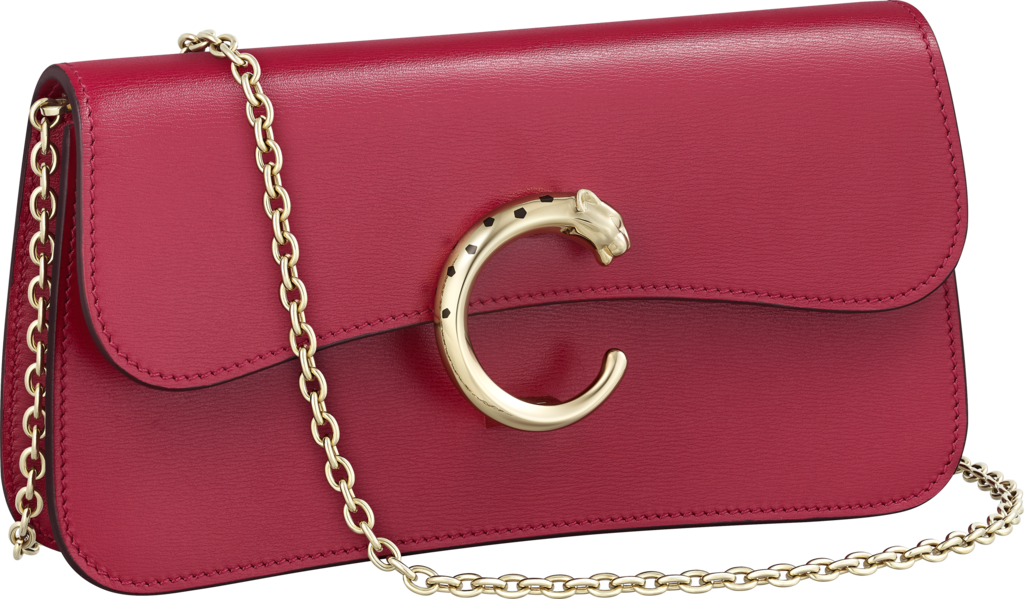 鏈帶手袋，迷你款，Panthère de Cartier櫻桃紅色小牛皮，金色及黑色琺瑯飾面