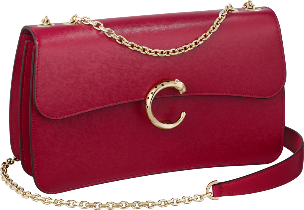 鏈帶手袋，小型款，Panthère de Cartier櫻桃紅色小牛皮，金色及黑色琺瑯飾面