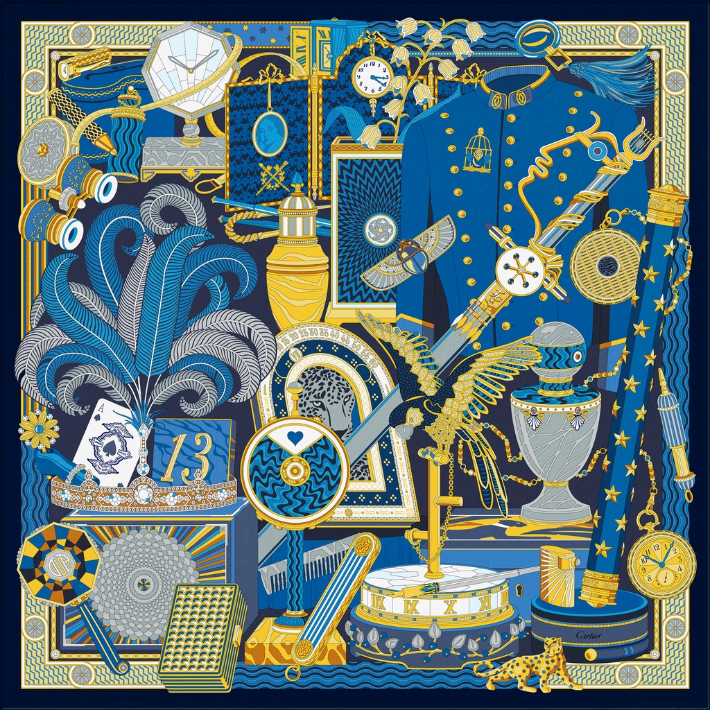 Cartier Archives 圖案方巾，90厘米海軍藍色及黃色斜紋真絲
