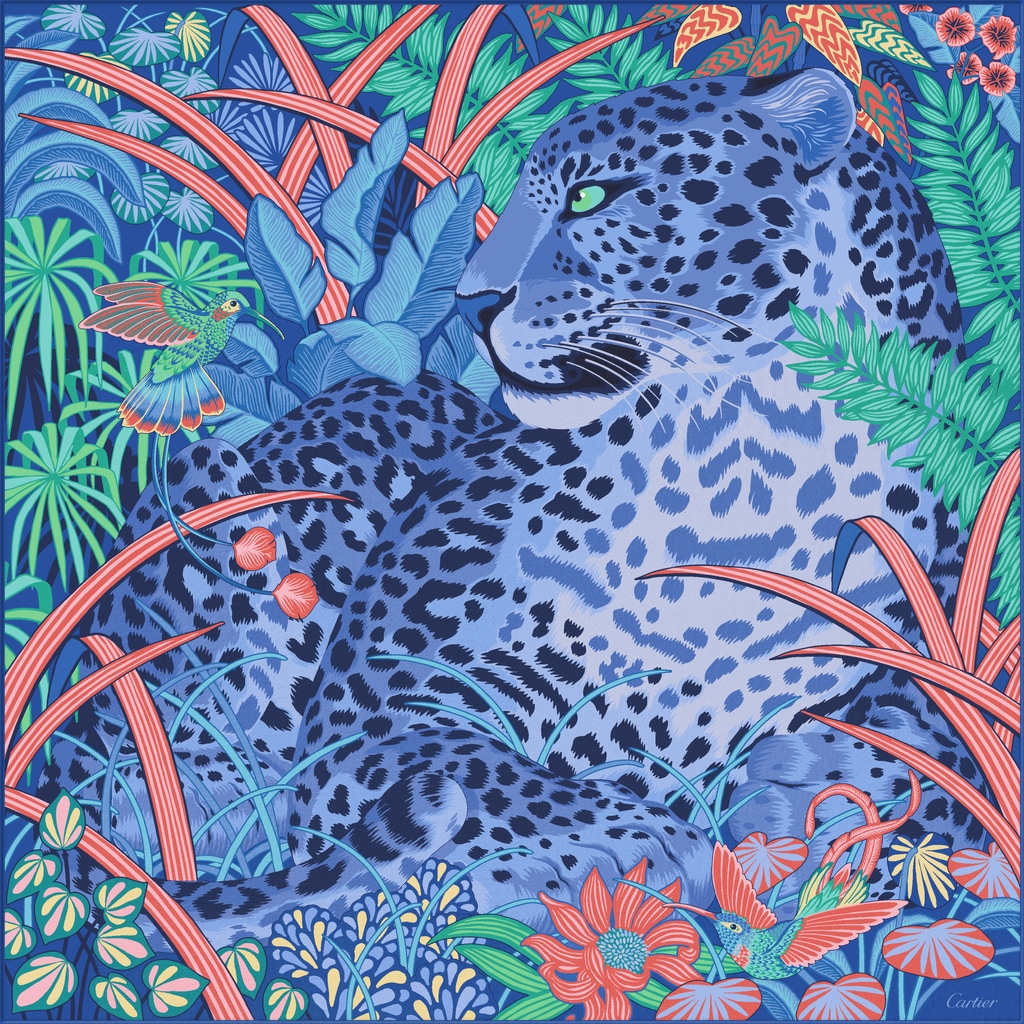 Panther in the Jungle motif square 90Blue silk twill