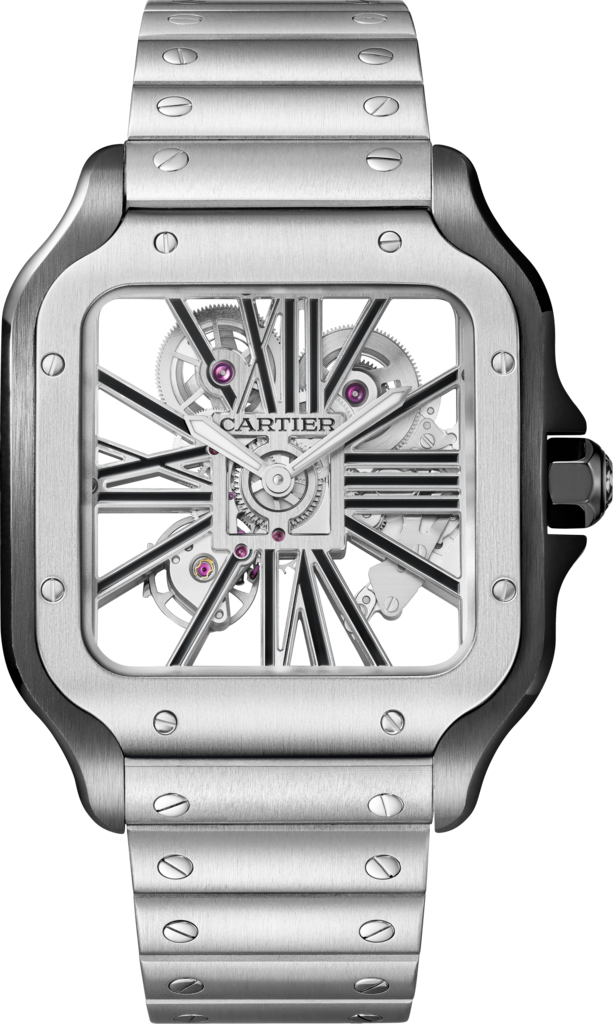 Santos de Cartier 腕錶大型款，手動上鏈機械機芯，精鋼，可更換式金屬錶鏈及皮革錶帶