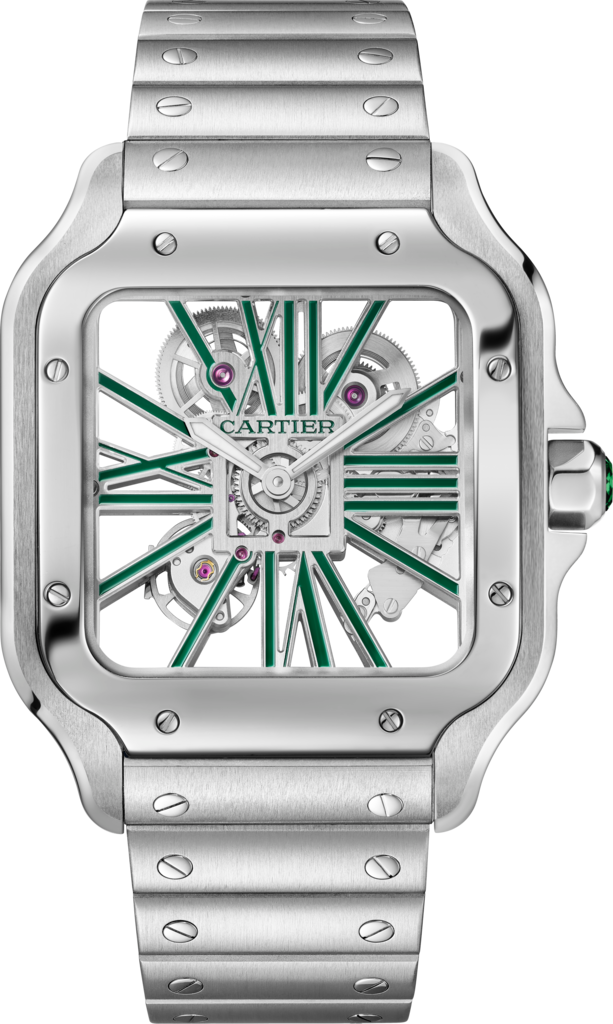 Santos de Cartier 腕錶大型款，手動上鏈機械機芯，精鋼，可更換式金屬錶鏈及皮革錶帶
