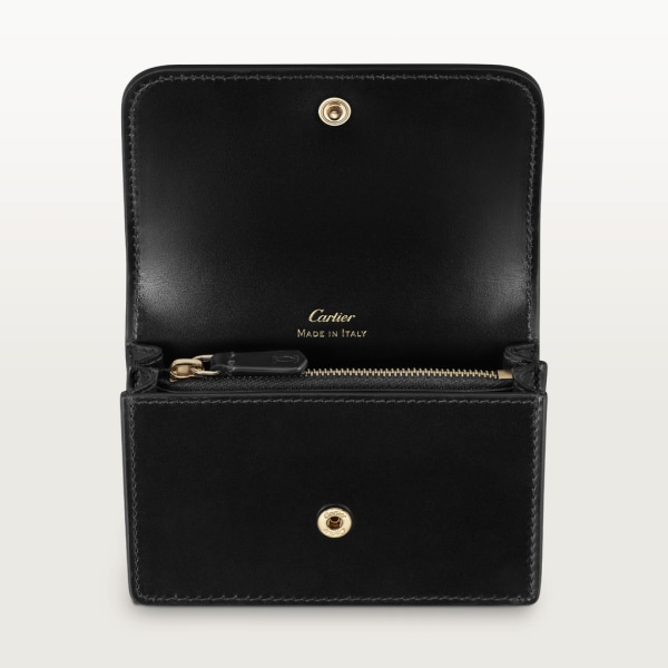 C de Cartier 翻蓋卡片夾 黑色小牛皮，金色及黑色琺瑯飾面