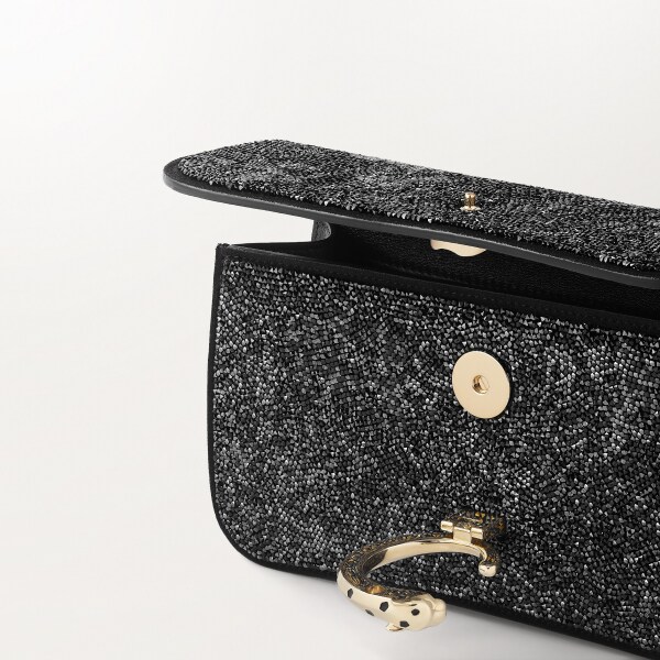 手袋，迷你款，Panthère C 黑色玻璃圓珠，布料，金色飾面及黑色琺瑯