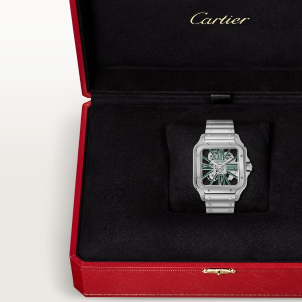 Santos de Cartier 腕錶 大型款，手動上鏈機械機芯，精鋼，可更換式金屬錶鏈及皮革錶帶