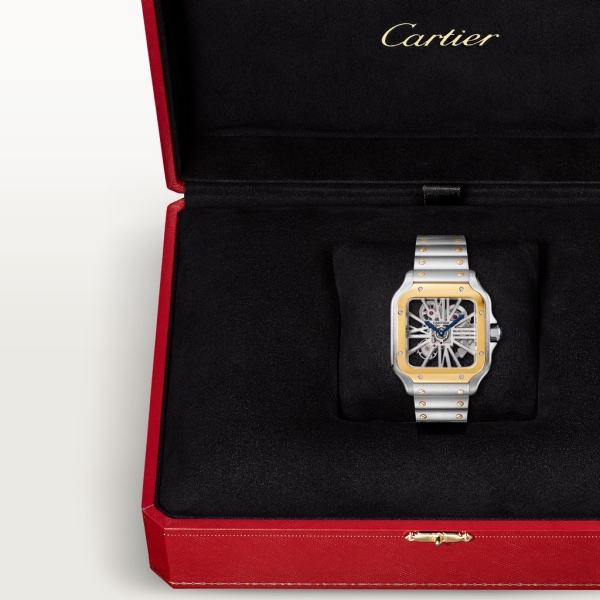 Santos de Cartier watch Large model, hand-wound mechanical movement, yellow gold, steel, leather