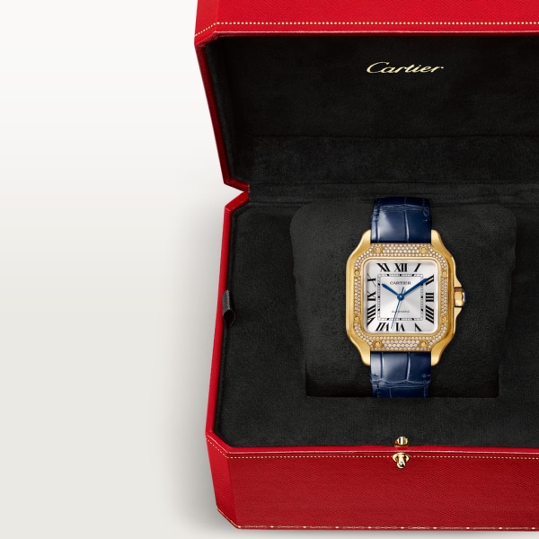Santos de Cartier 腕錶 中型款，自動上鏈機械機芯，18K黃金，鑽石，2條可更換式皮革錶帶