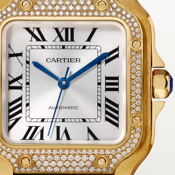 Santos de Cartier watch Medium model, automatic movement, yellow gold, diamonds, 2 interchangeable leather bracelets