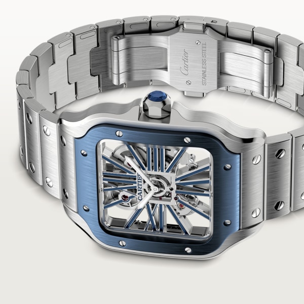 Santos de Cartier 腕錶 大型款，手動上鏈機械機芯，精鋼，可更換式金屬錶鏈及橡膠錶帶