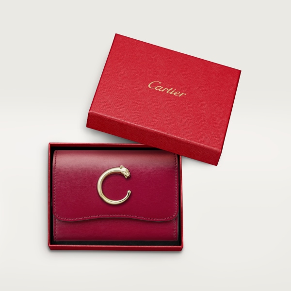 銀包，迷你款，Panthère de Cartier 櫻桃紅色小牛皮，金色飾面