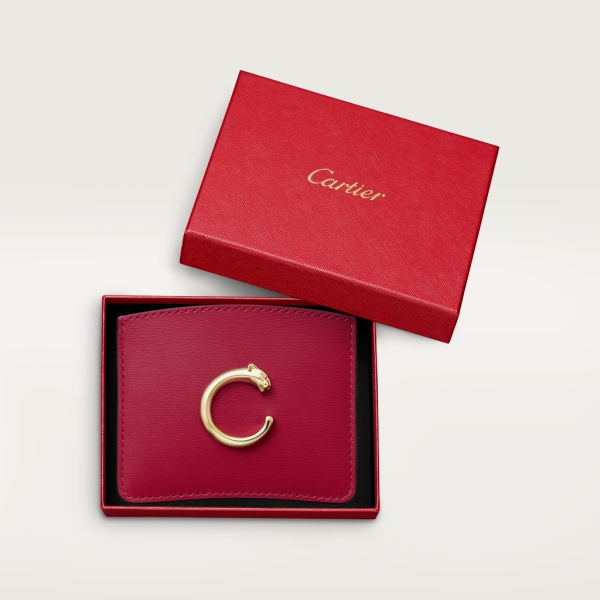 卡片夾，Panthère de Cartier 櫻桃紅色小牛皮，金色飾面