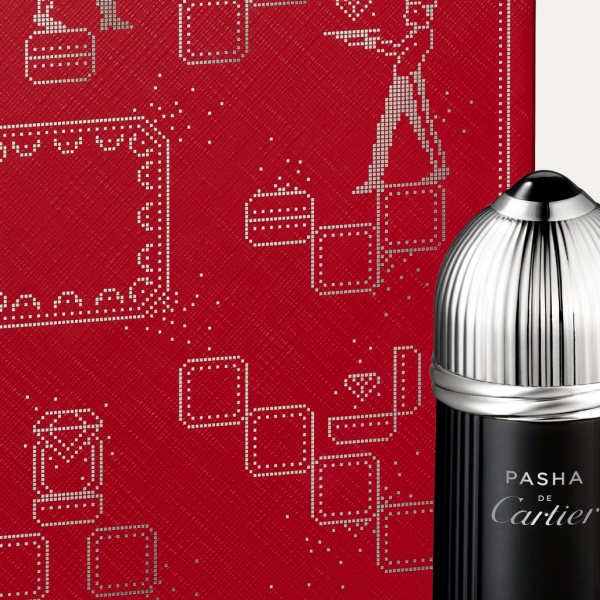 Pasha de Cartier 禮品裝（Edition Noire），100毫升淡香水、10毫升 Pasha de Cartier 香水（Edition Noire）及 10毫升 Pasha de Cartier 迷你噴霧（Edition Noire）。 禮品裝