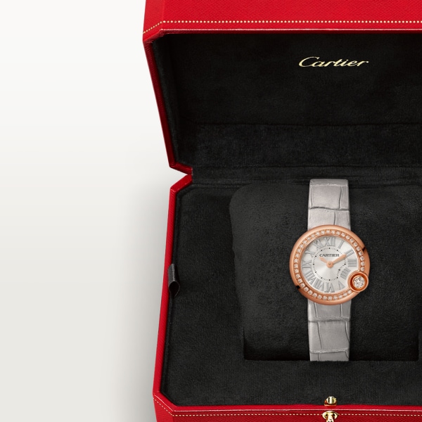 Ballon Blanc de Cartier 腕錶 26毫米，石英機芯，18K玫瑰金，鑽石，皮革