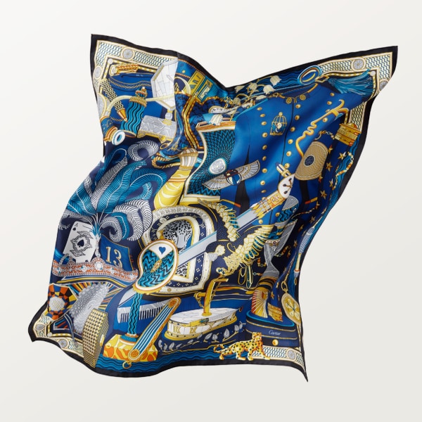 Cartier Archives 圖案方巾，90厘米 海軍藍色及黃色斜紋真絲